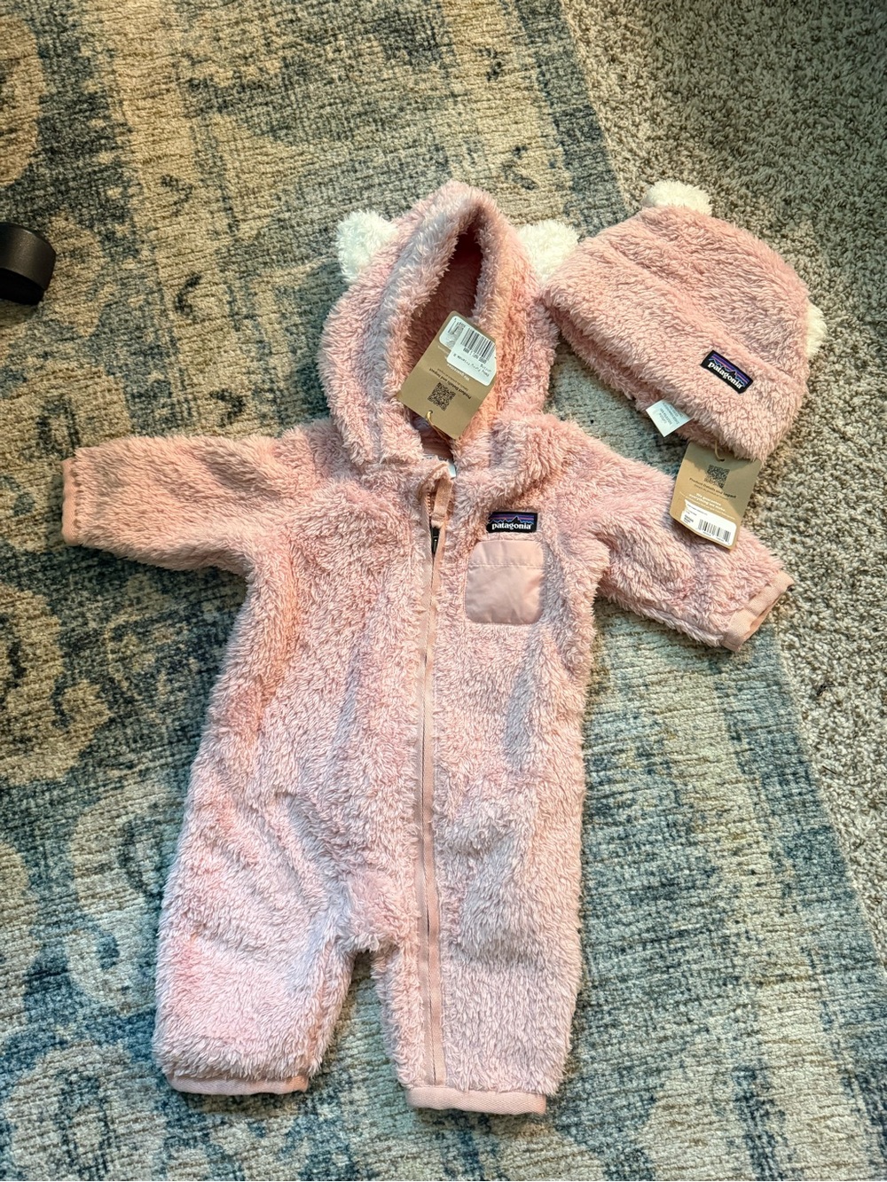 Patagonia Pink Plush Baby Fleece One-Piece with Matching Hat